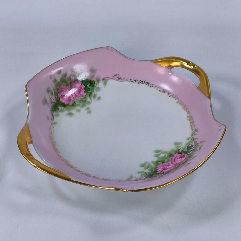 Vintage Japan Porcelain Hand Painted Pink Rose Bonbon Dish Gold Gilt Handles
